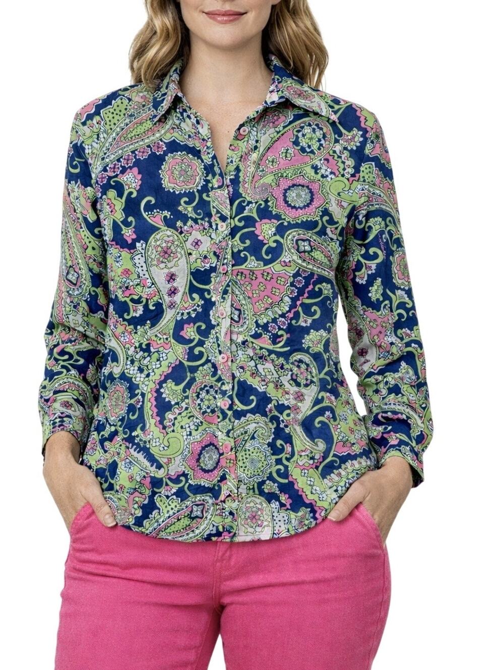 Lilly Pulitzer Paisley Print Blouse Size 10 Blue Pink Preppy Top